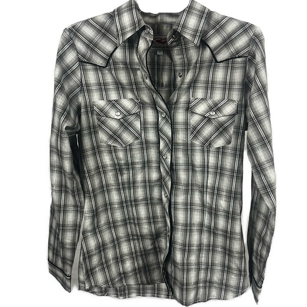 Roper NWT Women's Embroidered Pearl Snap Gray Plaid Button Front Rodeo Shirt- S